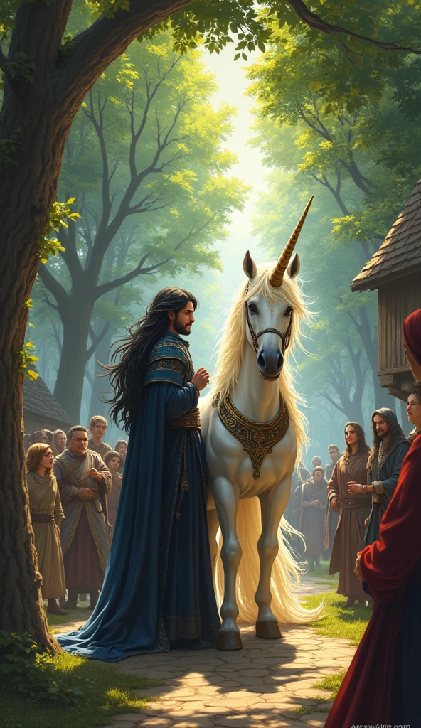 In the village, the story of Vortex, Mirage, and the unicorn is told for generations. A painting hangs in the village square, depicting Vortex with his long black hair, Mirage with his platinum blonde locks, and the radiant unicorn standing together in the sacred forest. Mirage is a male wizard with a strong, masculine presence, wearing his blue robe and holding his ancient staff. The villagers gather around the painting, recounting the tale of how these male heroes saved them from the forces of darkness.