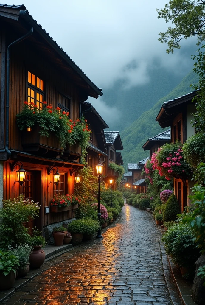 The image shows a picturesque alley in a small town located in a mountainous and foggy area.. The scene is of a cool and humid environment, probably after a light rain, since the ground of the street is wet and reflects the warm lights coming from the street lamps and the windows of the houses.
The street is narrow and is flanked by traditional style buildings., with wooden facades and balconies decorated with lush plants and flowers. The houses are carefully decorated with lanterns that emit a soft and welcoming light., creating a warm atmosphere in contrast to the darkness of the natural environment that surrounds them.
At the bottom of the image, The forested hills are partially hidden by a thick fog that envelops the scene, adding a touch of mystery and serenity. The vegetation is abundant and green., with trees and bushes that appear to be in full health, enjoying the humidity of the environment.
the sky is covered with grey clouds, suggesting the possibility of more rain, which intensifies the feeling of a quiet and isolated place, perfect for an escape from everyday life.
This little town conveys a feeling of peace and quiet., a place where time seems to have stopped, inviting visitors to relax and enjoy the natural beauty and rustic charm that surrounds it.