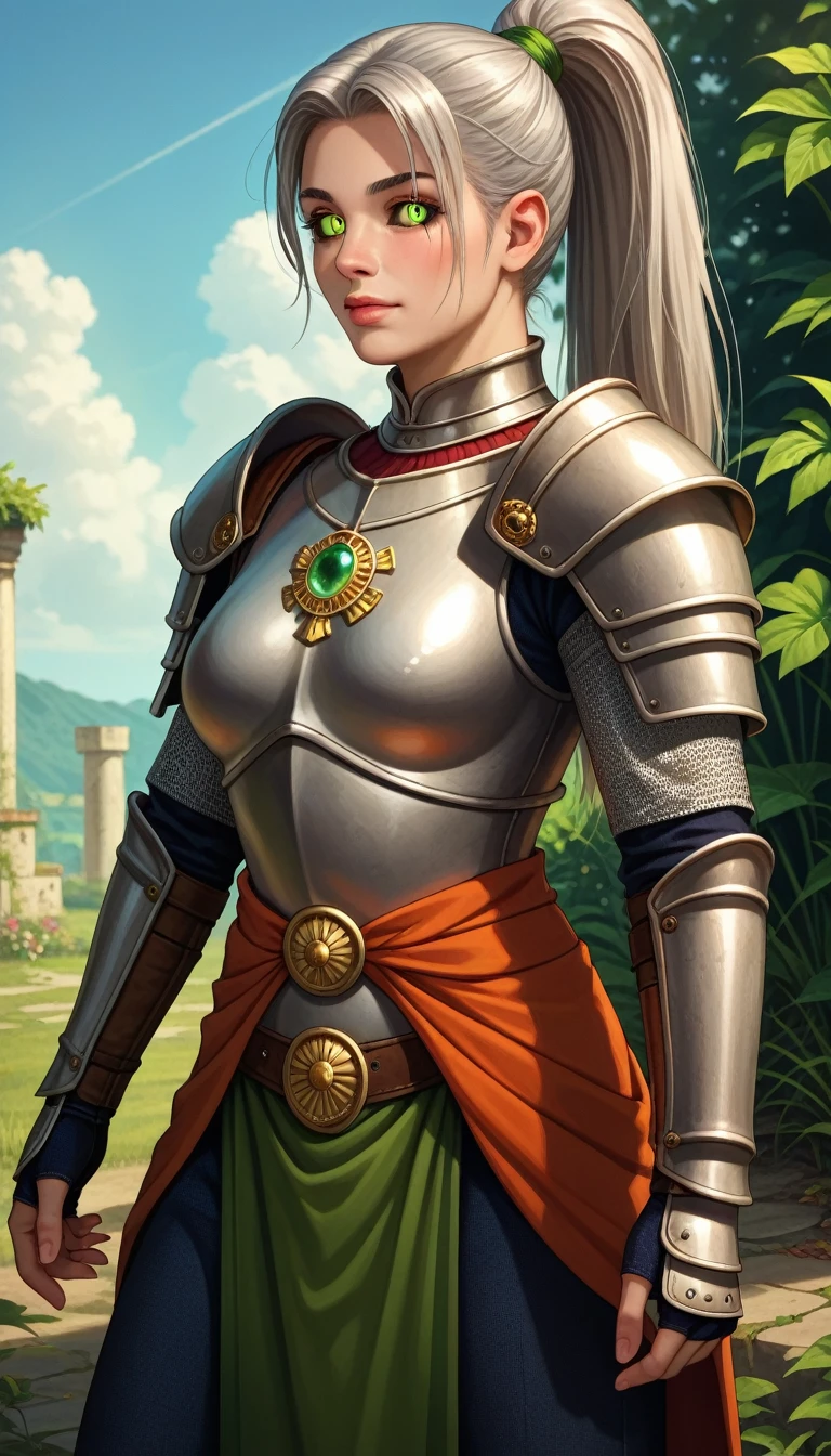 score_9, score_8_up, source_anime, Ancient European style armor, Silver-haired female knight, detailed face, detailed eyes, black sclera, Green emerald pupils, High ponytail, Wearing silver-white armor, Delicate facial features, The drawing style is similar to that of characters in anime, Boots, Gaiters, with a pure white background, Character design, quadratic element, Include a small amount of introductory text