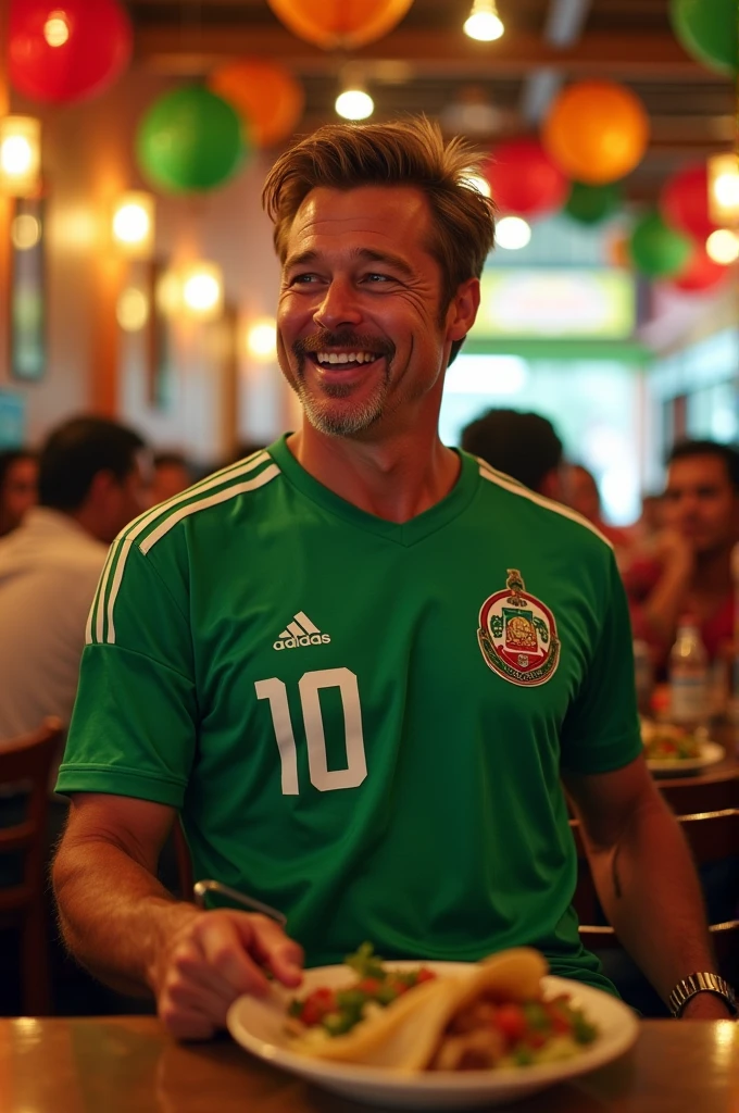 Brad Pitt in a Mexican national soccer team jersey at a Mexican restaurant 