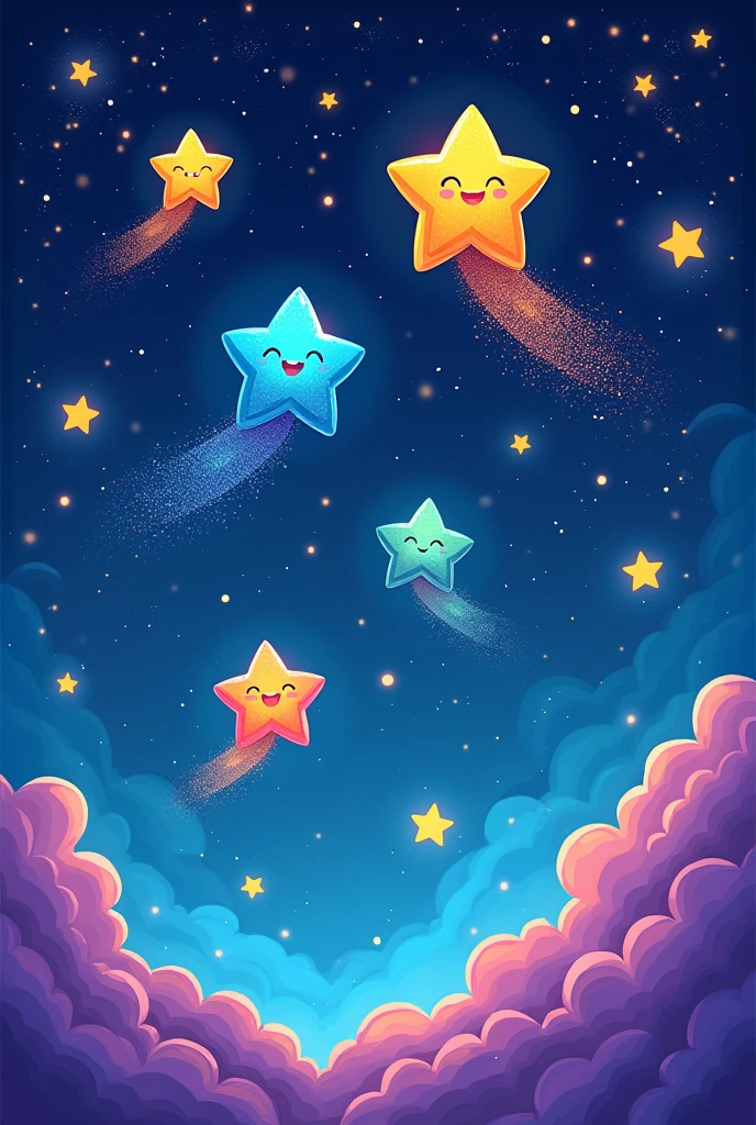 Generate a vibrant, cartoon-style universe scene. it should include stars and no planet. The overall mood is playful but it should be dark deep blue