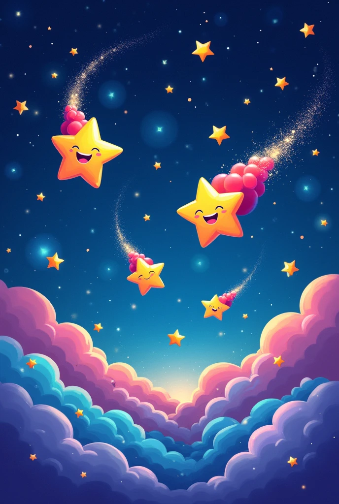 Generate a vibrant, cartoon-style universe scene. it should include stars and no planet. The overall mood is playful but it should be dark deep blue