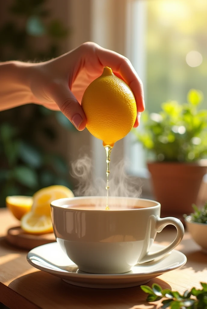 squeezing a lemon and the lemon juice falls into a tea just seeing the hands without characters