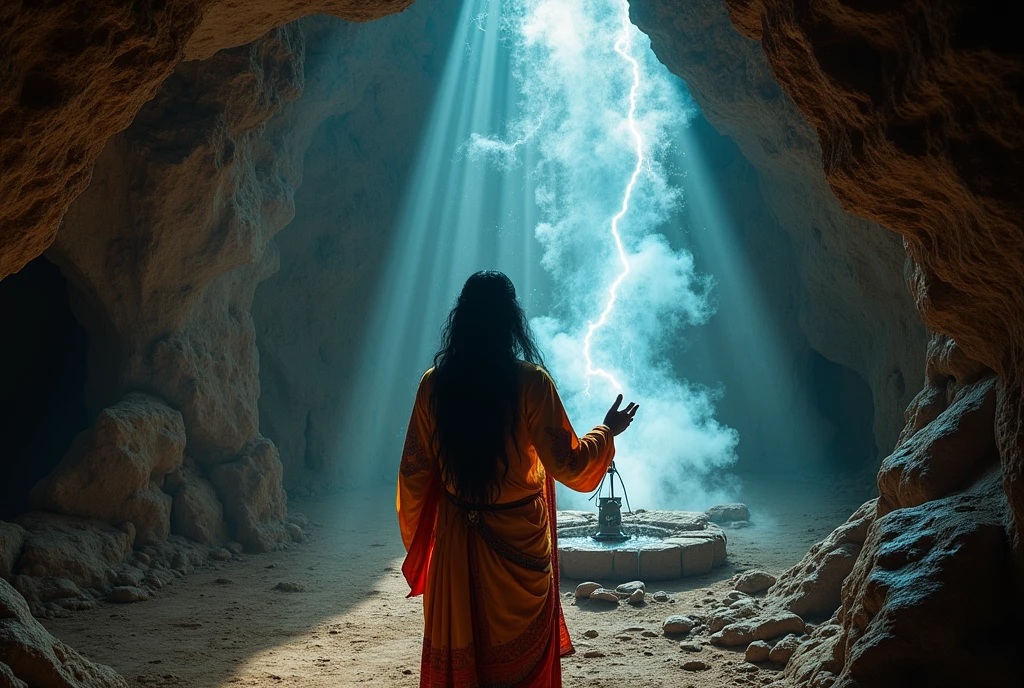 Depict India man Aditya performing a ritual or chanting mantras while operating the ancient device. The device should emit a mystical light that illuminates the cave walls with ancient images and stories."