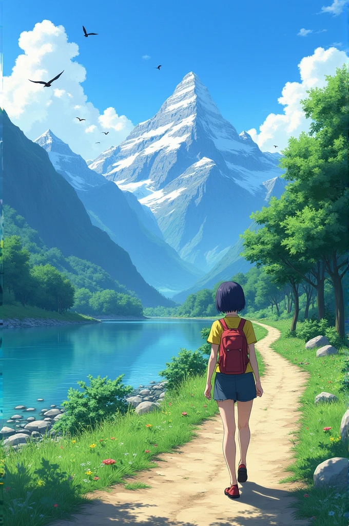 An anime character walking on a trail towards mountain, a river flowing in left side, trees on right, birds on sky, high contrast and enhanced image