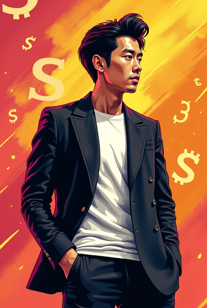 (masterpiece, Highest quality:1.1),Pop Art,Flat Color, Man in Black, Man wearing a double-breasted jacket,Hairstyle Center Part, Bitcoin background, Dynamic Angle,39-year-old male,Japanese men, A white T-shirt underneath the jacket,