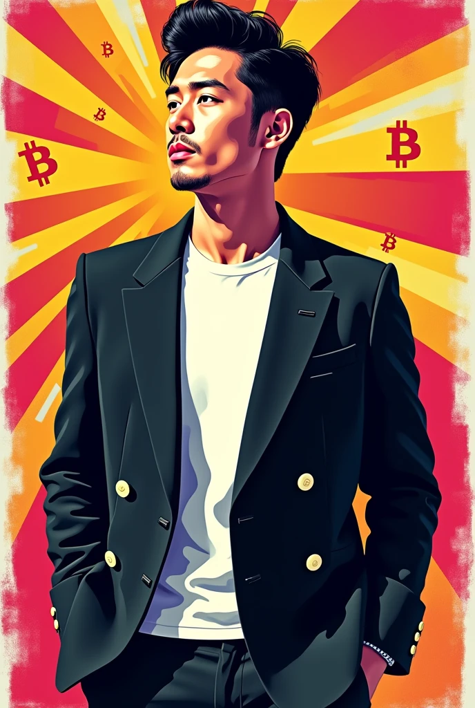 (masterpiece, Highest quality:1.1),Pop Art,Flat Color, Man in Black, Man wearing a double-breasted jacket,Hairstyle Center Part, Bitcoin background, Dynamic Angle,39-year-old male,Japanese men, A white T-shirt underneath the jacket,
