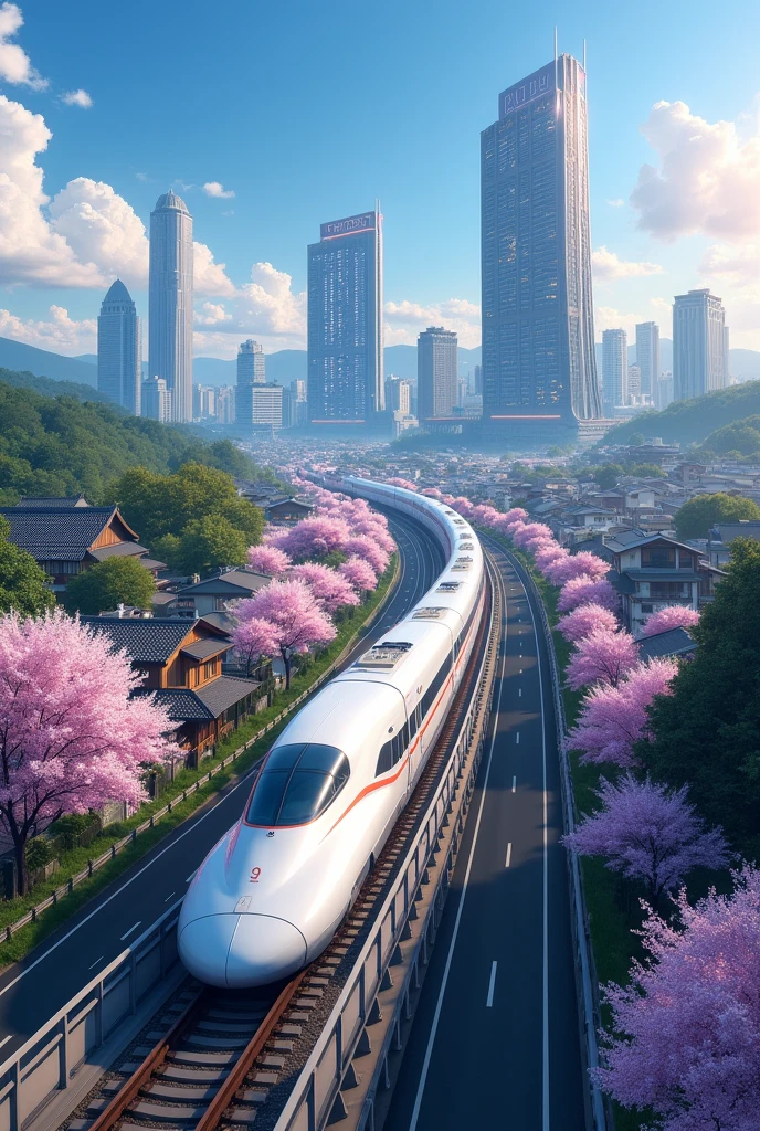 A highway with a junction between Rifu Town and Cyber City, an elevated line for the E2 series Shinkansen