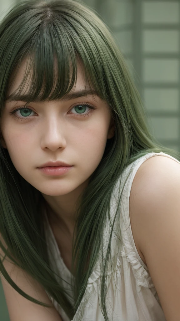 a girl. European. Extremely detailed face. Oval face. Delicate facial features. Half-closed eyes. Long straight hair. Messy hair. Bangs. Green hair. Green eyes. Sad. Shy