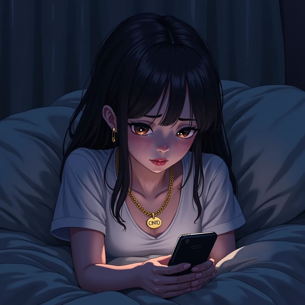 “An anime-style illustration of a young woman lying on her bed, visibly emotional with tears streaming down her face as she looks at her phone. She wears a stylish Cuban link necklace with the letters ‘CQNTD’ clearly engraved on the pendant. The scene is set in a dimly lit bedroom, creating a melancholic atmosphere, with the focus on her expression and the necklace. The colors are soft, with a muted palette to enhance the emotional tone.