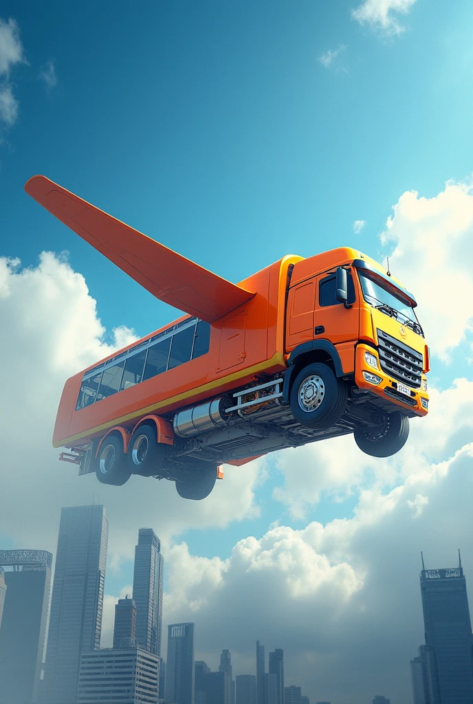 a flying lorry truck with plane wings, futuristic sci-fi airship, hyper-detailed, intricate machinery, dynamic motion blur, cinematic lighting, vibrant colors, dramatic angles, photorealistic, 8k, masterpiece. Shopee orange truck