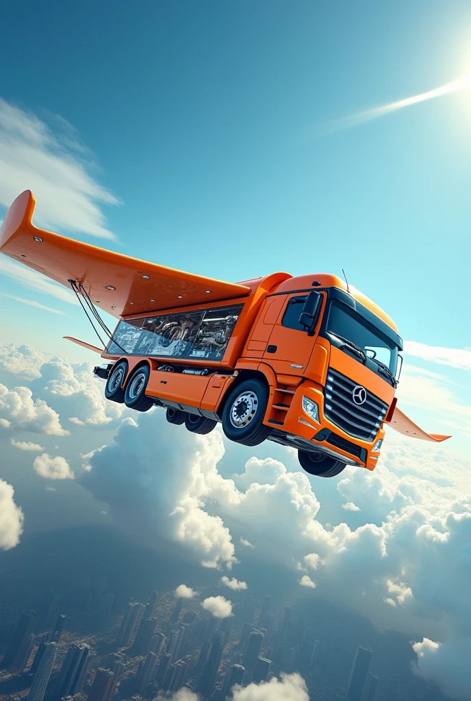 a flying lorry truck with plane wings, futuristic sci-fi airship, hyper-detailed, intricate machinery, dynamic motion blur, cinematic lighting, vibrant colors, dramatic angles, photorealistic, 8k, masterpiece. Shopee orange truck
