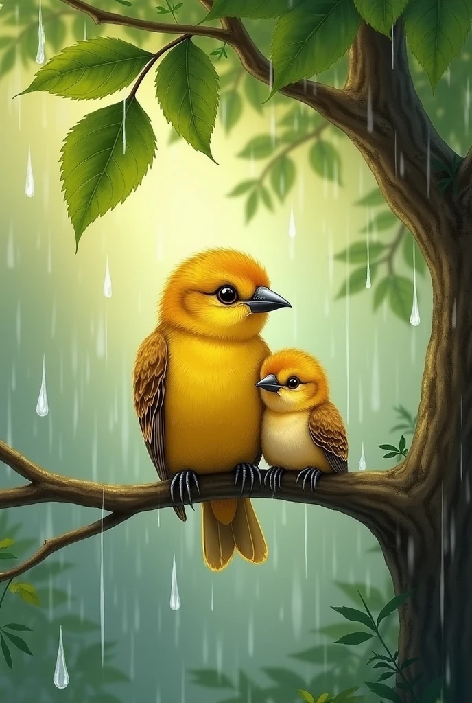 a beautiful yellow sparrow mother protacting her chicke from rain  sitting on branch of tree and catigorically shown rain drops on sparrow feather