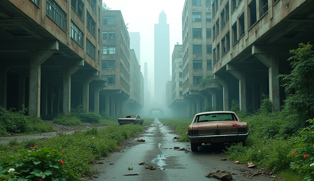 A hauntingly beautiful cinematic landscape photo of a post-zombie apocalypse city. The metropolis is in ruins, with dilapidated buildings and scattered vehicular bodies. A somber atmosphere pervades the scene, yet there's a certain beauty in the overgrowth of vegetation, as it gradually reclaims its land. The city streets are eerily quiet, the only sound is the rustling of the leaves and the distant crumbling of structures., cinematic, photo