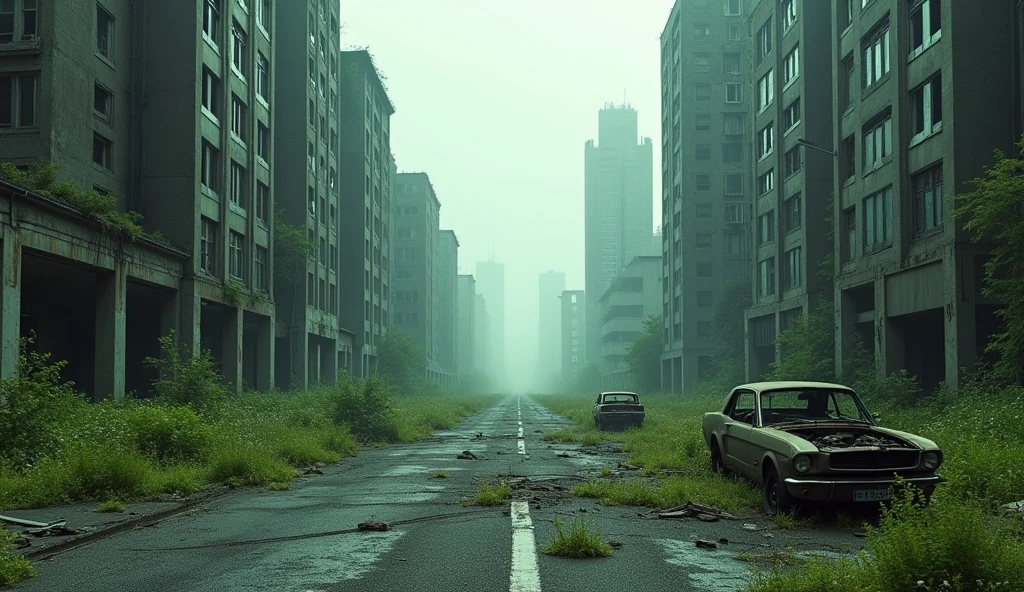 A hauntingly beautiful cinematic landscape photo of a post-zombie apocalypse city. The metropolis is in ruins, with dilapidated buildings and scattered vehicular bodies. A somber atmosphere pervades the scene, yet there's a certain beauty in the overgrowth of vegetation, as it gradually reclaims its land. The city streets are eerily quiet, the only sound is the rustling of the leaves and the distant crumbling of structures., cinematic, photo