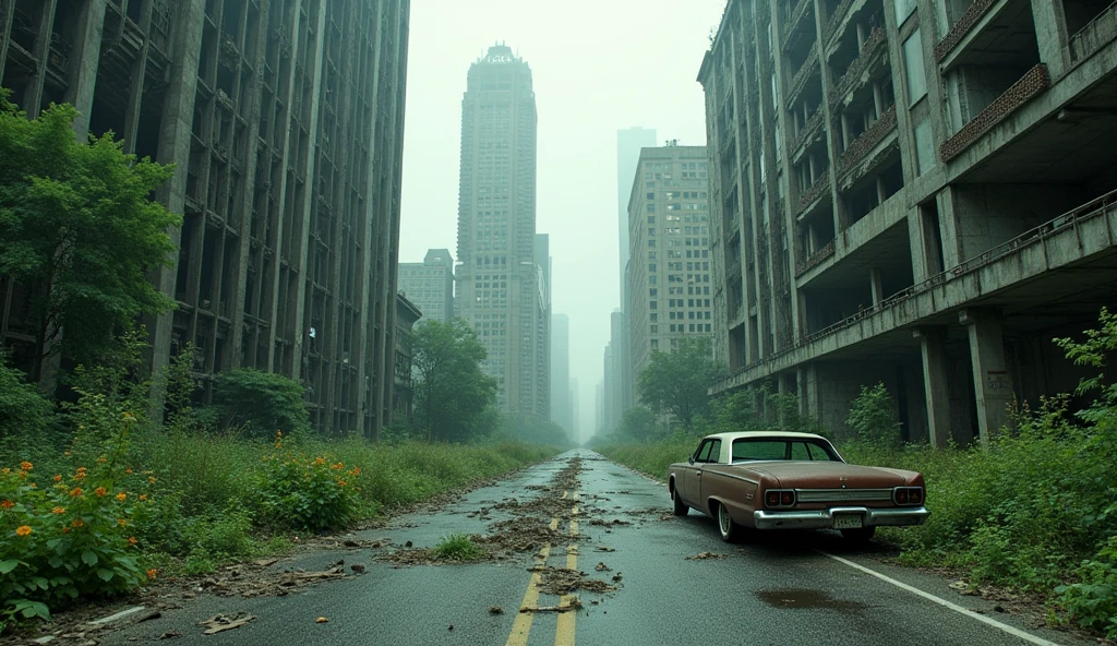 A hauntingly beautiful cinematic landscape photo of a post-zombie apocalypse city. The metropolis is in ruins, with dilapidated buildings and scattered vehicular bodies. A somber atmosphere pervades the scene, yet there's a certain beauty in the overgrowth of vegetation, as it gradually reclaims its land. The city streets are eerily quiet, the only sound is the rustling of the leaves and the distant crumbling of structures., cinematic, photo
