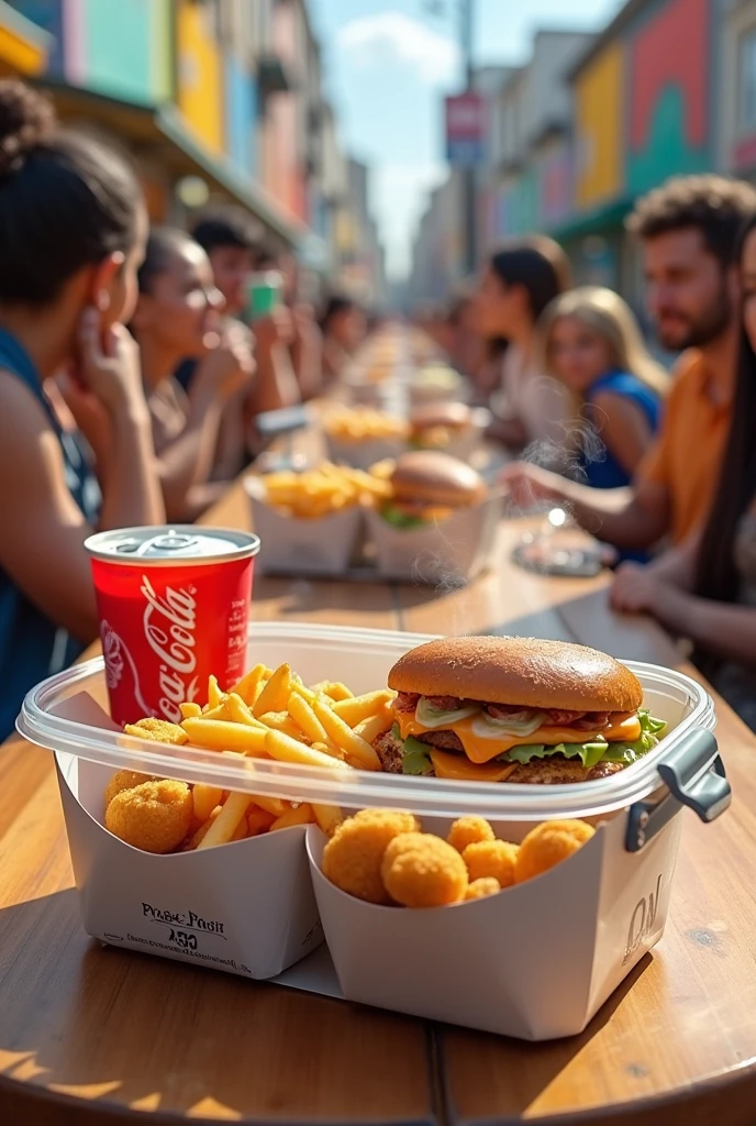 Créer moi une marque de nourriture qui s'appelle : Smart-food, ils servent leurs clients de la nourriture dans des conteneurs rectangulaire ou carré, transparent en plastique, avec des bords arrondis et une poignée grise au dessus de la boite, a l'intérieur de cette boite, se trouve de plus petites boites individuelles, chacune de ces petites boites contiennent : 1 Burger, des frites, des nuggets, 1 Coca-Cola et un McFlurry, chaqun de ces aliments doivent au moins etre present sur l'image, et doit etre visible, 