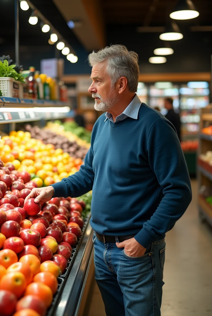 A man looking at the groceries and picking up an apple