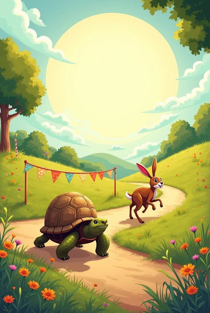 Make a frame of the fable of the hare and the tortoise in size A4 but leave a large blank space in the center and the tortoise reaching the goal and the hare running behind the tortoise