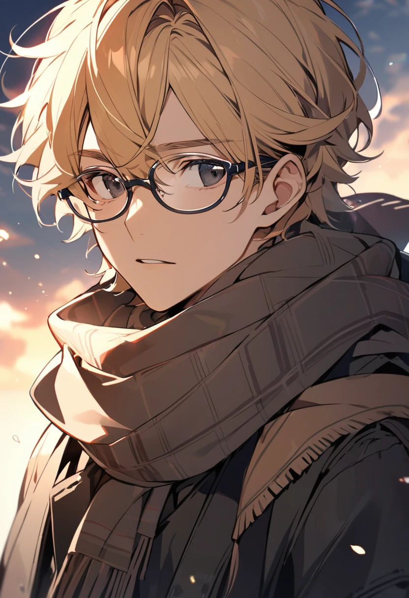 male, solo, handsome, glasses, black eyes, blond hair, innocent, scarf, gazing into the distance