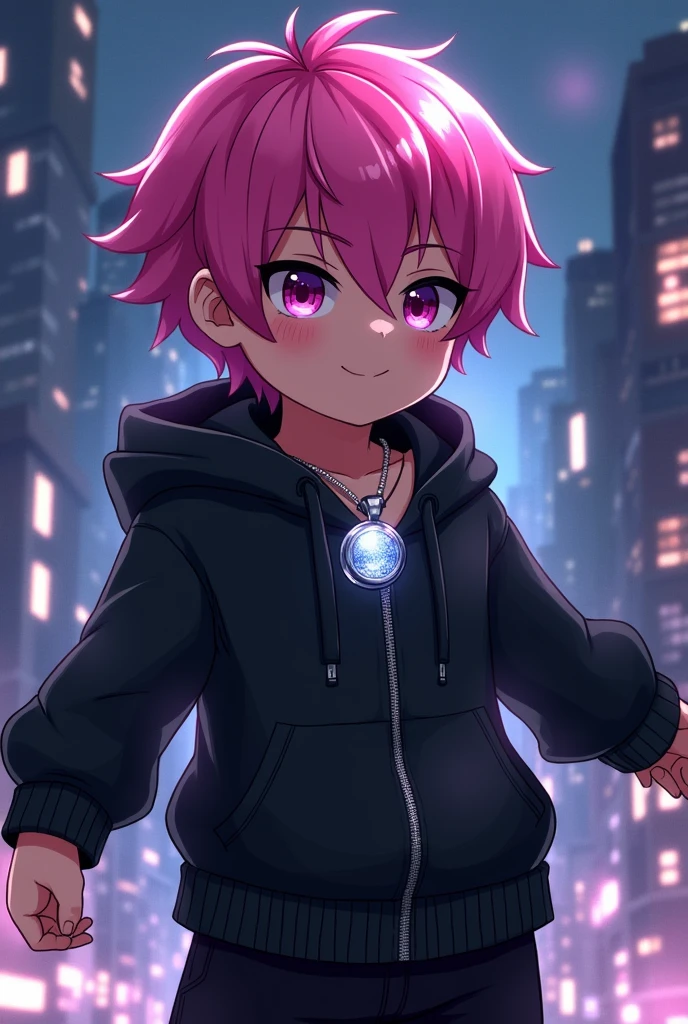 Pink hair male mini character silver necklace black hoodie hero pose