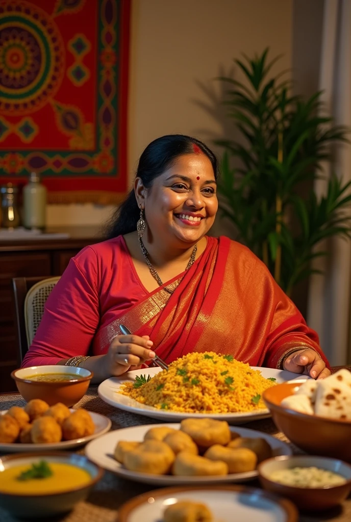 indian lady after a eating a very large meal elough for 5 people