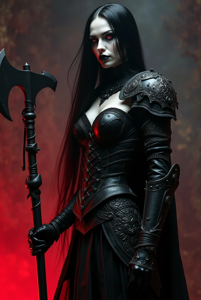 a stunning white-skinned gothic vampire warrior woman with very long black hair down to her feet, wearing a black gothic armor, holding a war axe, red eyes, dramatic eye makeup, sharp nails, (best quality,4k,8k,highres,masterpiece:1.2),ultra-detailed,(realistic,photorealistic,photo-realistic:1.37),dark fantasy,cinematic lighting,dramatic pose,intricate details,chiaroscuro,moody atmosphere,rich colors
