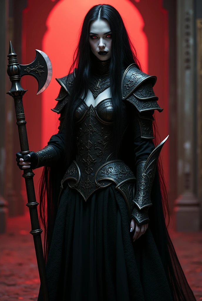 a stunning white-skinned gothic vampire warrior woman with very long black hair down to her feet, wearing a black gothic armor, holding a war axe, red eyes, dramatic eye makeup, sharp nails, (best quality,4k,8k,highres,masterpiece:1.2),ultra-detailed,(realistic,photorealistic,photo-realistic:1.37),dark fantasy,cinematic lighting,dramatic pose,intricate details,chiaroscuro,moody atmosphere,rich colors