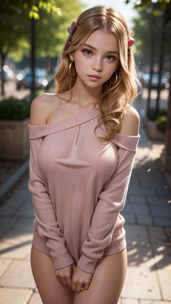 A young lady aged 16 yrs, with long strawberry blonde hair, wavy hair, with air bangs. She is wearing a pink sweater, worn off her shoulders. She has an hourglass figure. She is wearing pink hair clips. She is wearing gold earrings. Looking directly into the camera. She has fair skin, and braces, constricted pupils, parted lips, large breasts, perfect lips, perfect nose, cute face, Hyperrealism, cinematic lighting, jpeg artifacts, full body view, bokeh, textured skin, UHD, best quality, masterpiece, high details