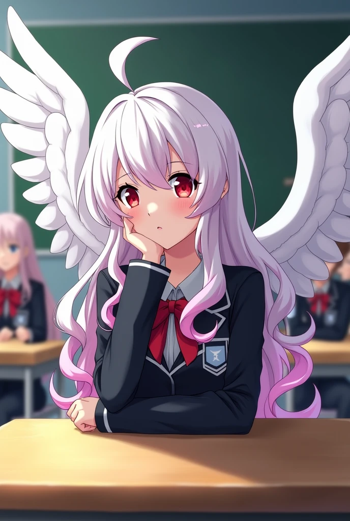 
Screenshot from My Hero Academia of a girl with long curly white hair with pink tips and blood red eyes wearing the UA uniform. Her quirk is two white wings. She is in class pensive. 