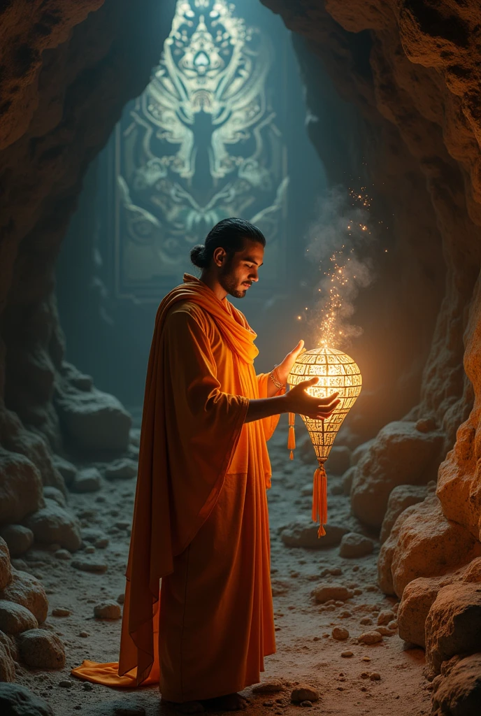 Depict Aditya performing a ritual or chanting mantras while operating the ancient device. The device should emit a mystical light that illuminates the cave walls with ancient images and stories."