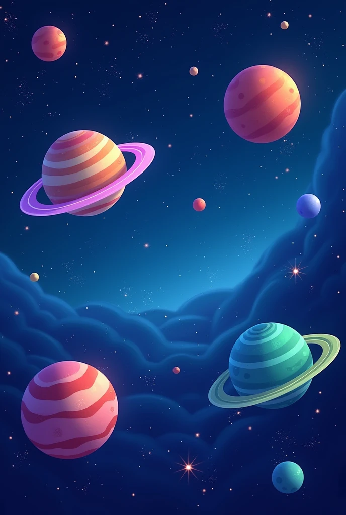Generate a vibrant, cartoon-style universe scene. it should include stars and planets The overall mood is paceful but it should be dark deep blue