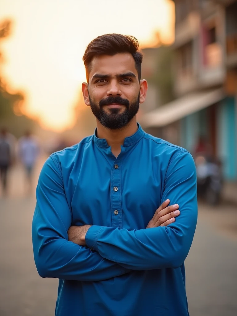 man with a beard and a blue shirt posing for a picture, promotional portrait, wearing a kurta, cinematic full shot, confident relaxed pose, with a beard and a black shirt, portait photo profile picture, portrait of a handsome, a portrait of rahul kohli, professional profile photo, portrait of a rugged young man, reddit post, handsome man