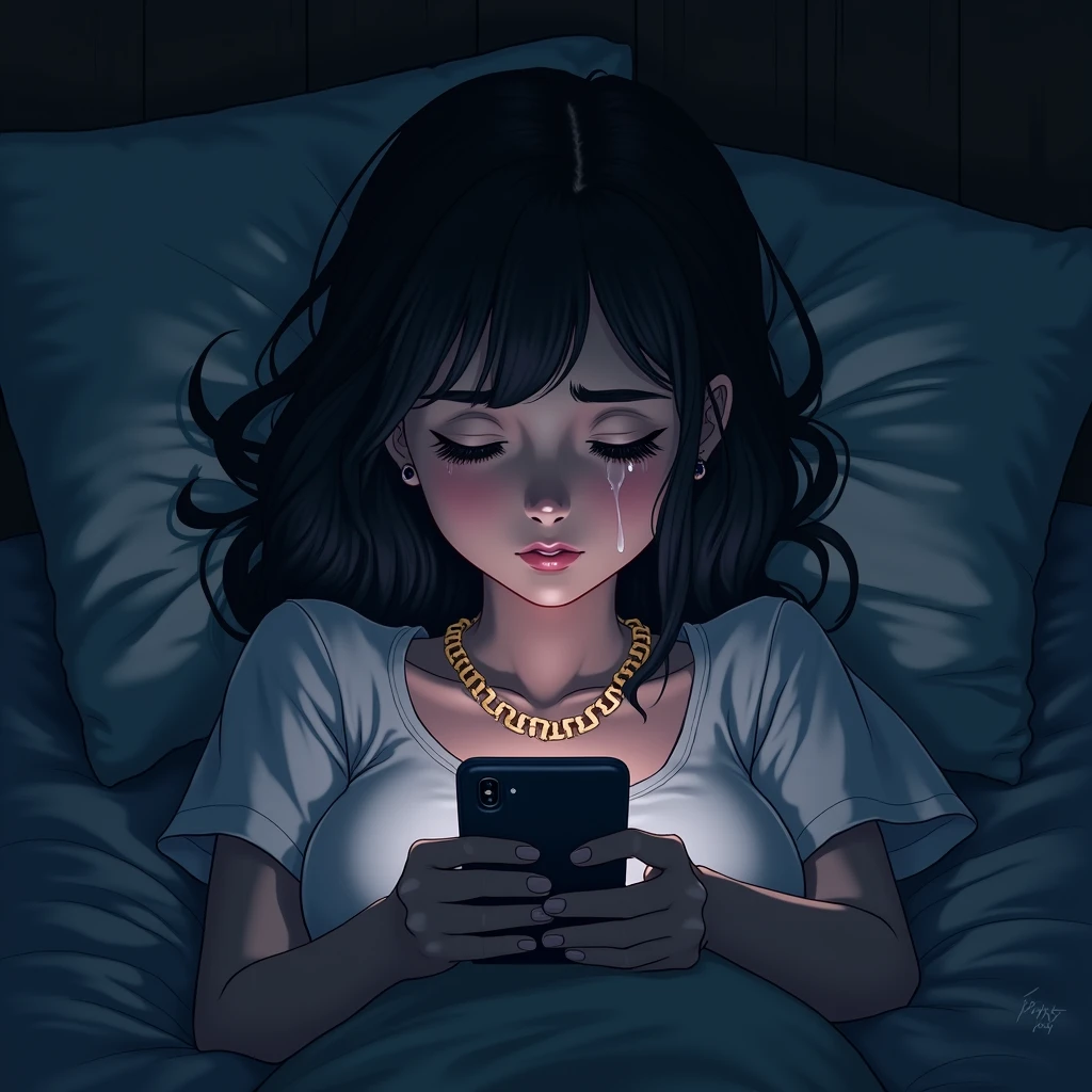 “An anime-style illustration of a young woman lying on her bed, visibly emotional with tears streaming down her face as she looks at her phone. She wears a stylish Cuban link necklace with the letters ‘CQNTD’ clearly engraved on the pendant. The scene is set in a dimly lit bedroom, creating a melancholic atmosphere, with the focus on her expression and the necklace. The colors are soft, with a muted palette to enhance the emotional tone.