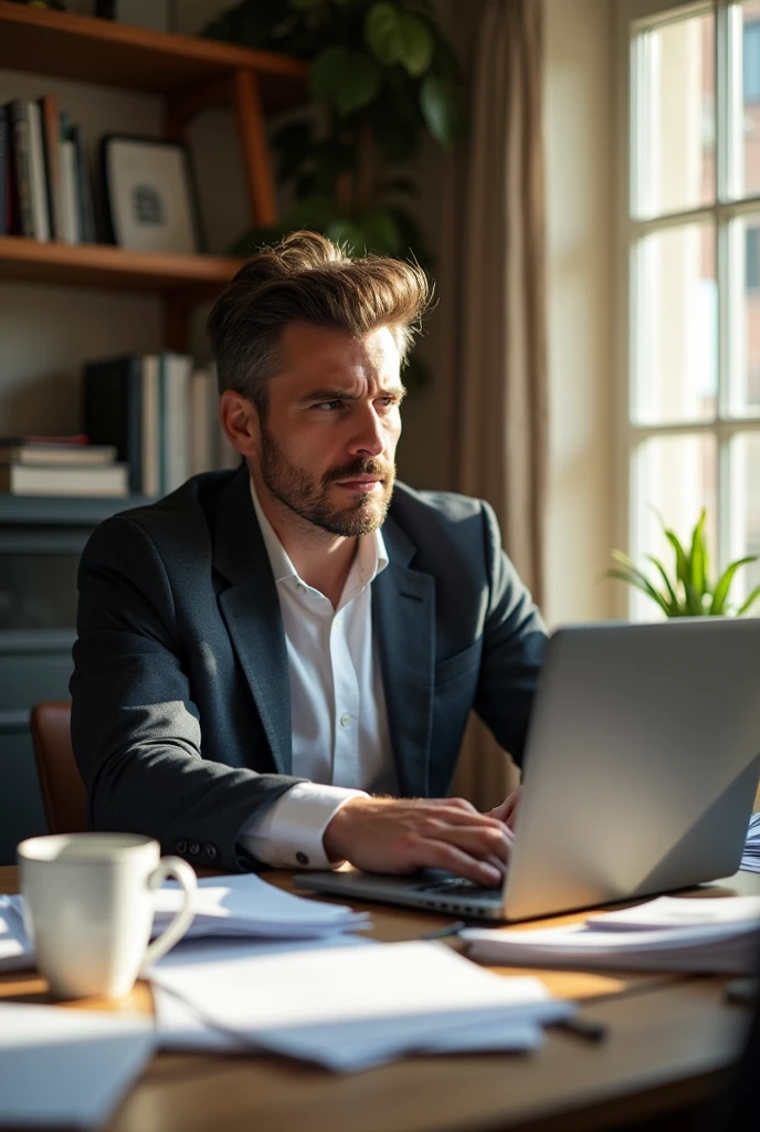 A person in their mid-30s, dressed in business-casual attire, sitting at a desk cluttered with papers, a laptop, and a coffee cup. The person looks focused but visibly tired, with bags under their eyes and slightly disheveled hair.