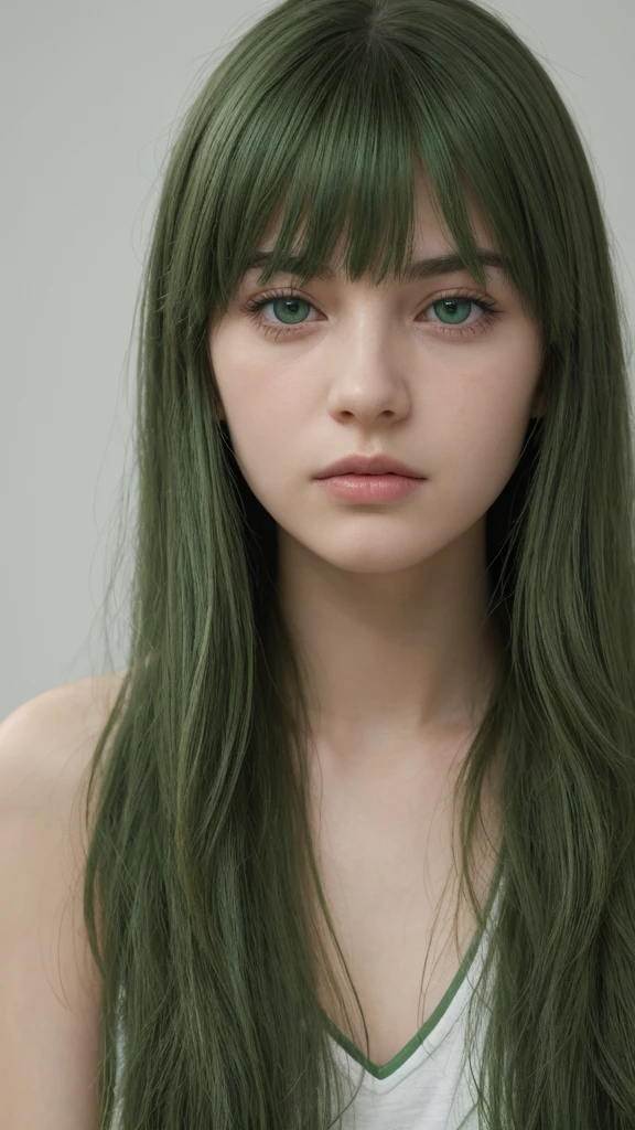 a girl. European. Extremely detailed face. Oval face. Delicate facial features. Half-closed eyes. Long straight hair. Messy hair. Bangs. Green hair. Green eyes. Very angry. Shy