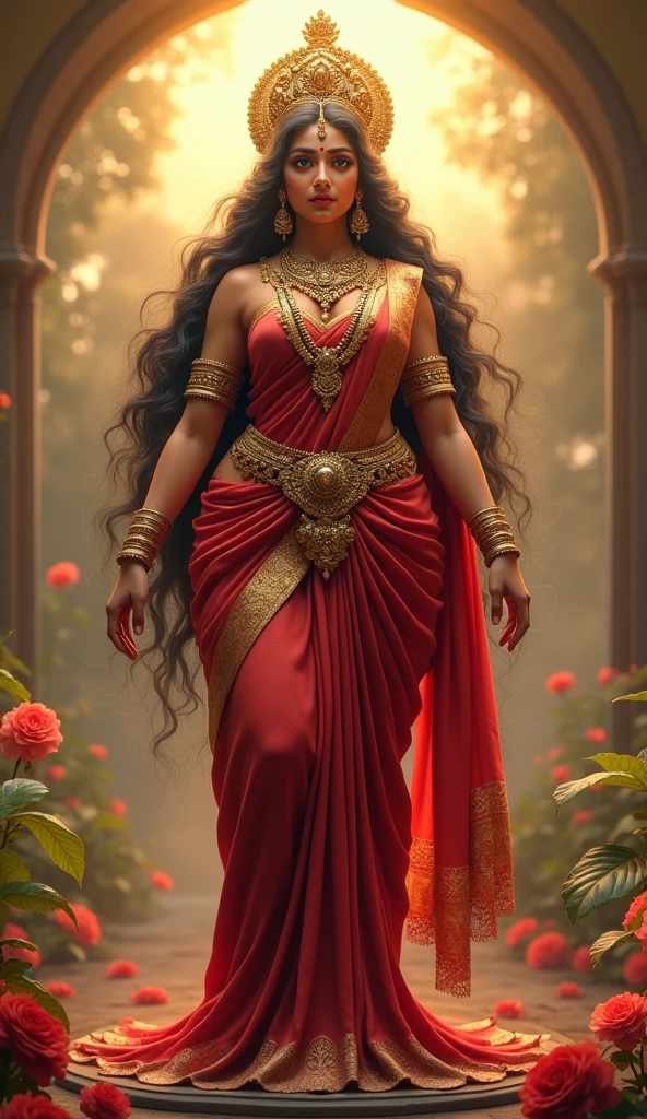 Create a full-body 4K image of Goddess Durga with an extremely curvaceous figure with graceful curves, depicted from head to toe. She has huge heavy breasts, huge thighs and curvaceous MILF like figure. She is adorned with traditional Indian ornaments, including a crown, necklaces, bangles, and anklets. She is wearing a beautifully draped saree in rich colors with intricate patterns. The setting should reflect her divine and powerful presence, with a soft glow around her and a background that complements her traditional attire.