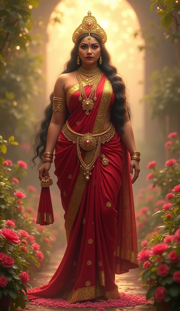 Create a full-body 4K image of Goddess Durga with an extremely curvaceous figure with graceful curves, depicted from head to toe. She has huge heavy breasts, huge thighs and curvaceous MILF like figure. She is adorned with traditional Indian ornaments, including a crown, necklaces, bangles, and anklets. She is wearing a beautifully draped saree in rich colors with intricate patterns. The setting should reflect her divine and powerful presence, with a soft glow around her and a background that complements her traditional attire.