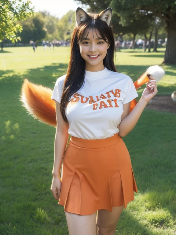 ((Highest quality, 8k)), ((masterpiece)), (Highest Resolution), Perfect Face, Fox Woman, Female college student, Beautiful woman, Outdoor, Only one tail, she has thick thighs, Her large tail, She has an orange fox tail, She wags her tail, Smiling with teeth showing, Fur collar, She's wearing a shirt and a short skirt., Plump , Beautiful  , A fox tail sticks out from the skirt.