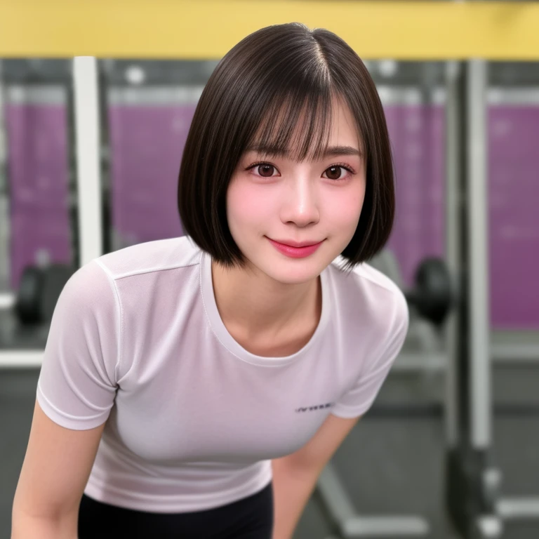 (kawaii 24 year-old Japanese girl, Nogizaka idol, Korean idol), healthy female athlete body, (glossy black hair, short hair, pixie cut, bangs:1.3), (rounded face, pure black eyes, single eyelid, no makeup, soft smile:1.2), (wearing training shirt, grey sports leggings:1.3), extra small breasts, well shaped hip, (slim waist, thigh gap:0.9), BREAK, (sports gym background:1.3), (looking at viewer, dynamic angle, close shot:1.2), BREAK, (masterpiece, best quality, photo realistic, official art:1.4), (UHD, 8K quality wallpaper, high resolution, raw photo, golden ratio:1.3), (shiny skin), professional lighting, physically based rendering, award winning, (highly detailed skin, extremely detailed face and eyes, anatomically correct body), Carl Zeiss 85 mm F/1.4, depth of field, 1girl, solo,