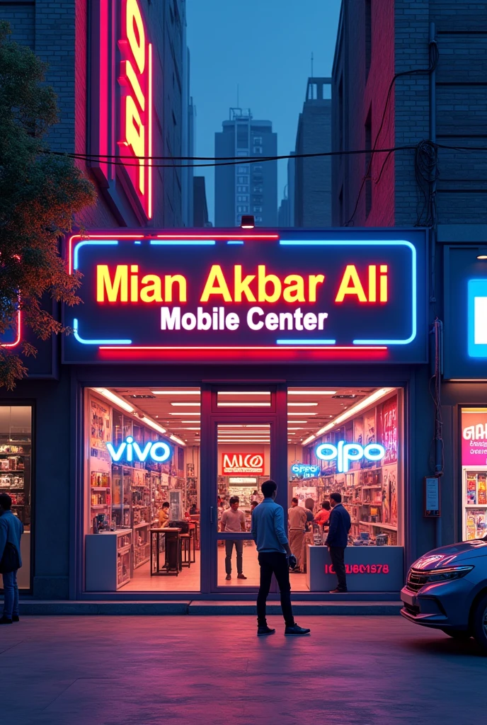3d mobile shop front photo with name Mian Akbar Ali Mobile center and vivo oppo Nokia branding Facebook cover photo