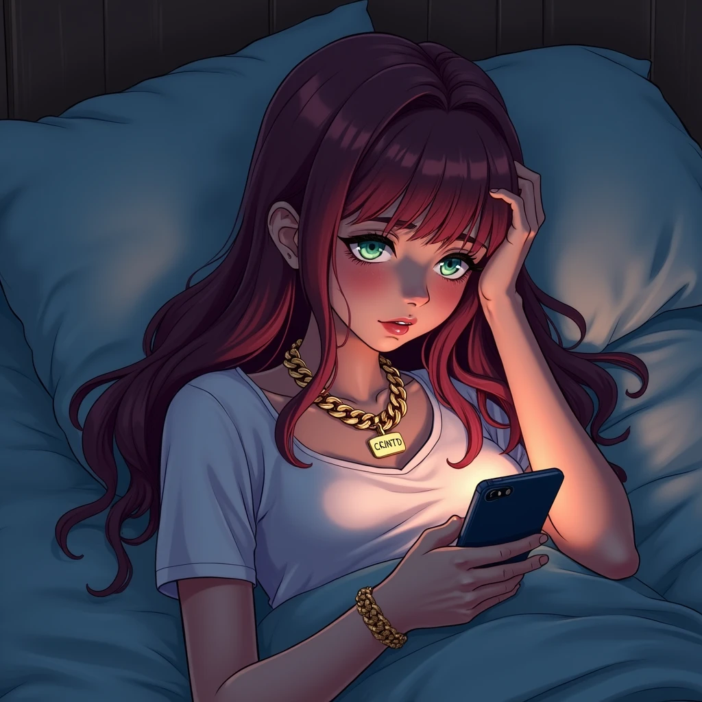 “An anime-style illustration of a young woman lying on her bed, visibly emotional with tears streaming down her face as she looks at her phone. She wears a stylish Cuban link necklace with the letters ‘CQNTD’ clearly engraved on the pendant. The scene is set in a dimly lit bedroom, creating a melancholic atmosphere, with the focus on her expression and the necklace. The colors are soft, with a muted palette to enhance the emotional tone.