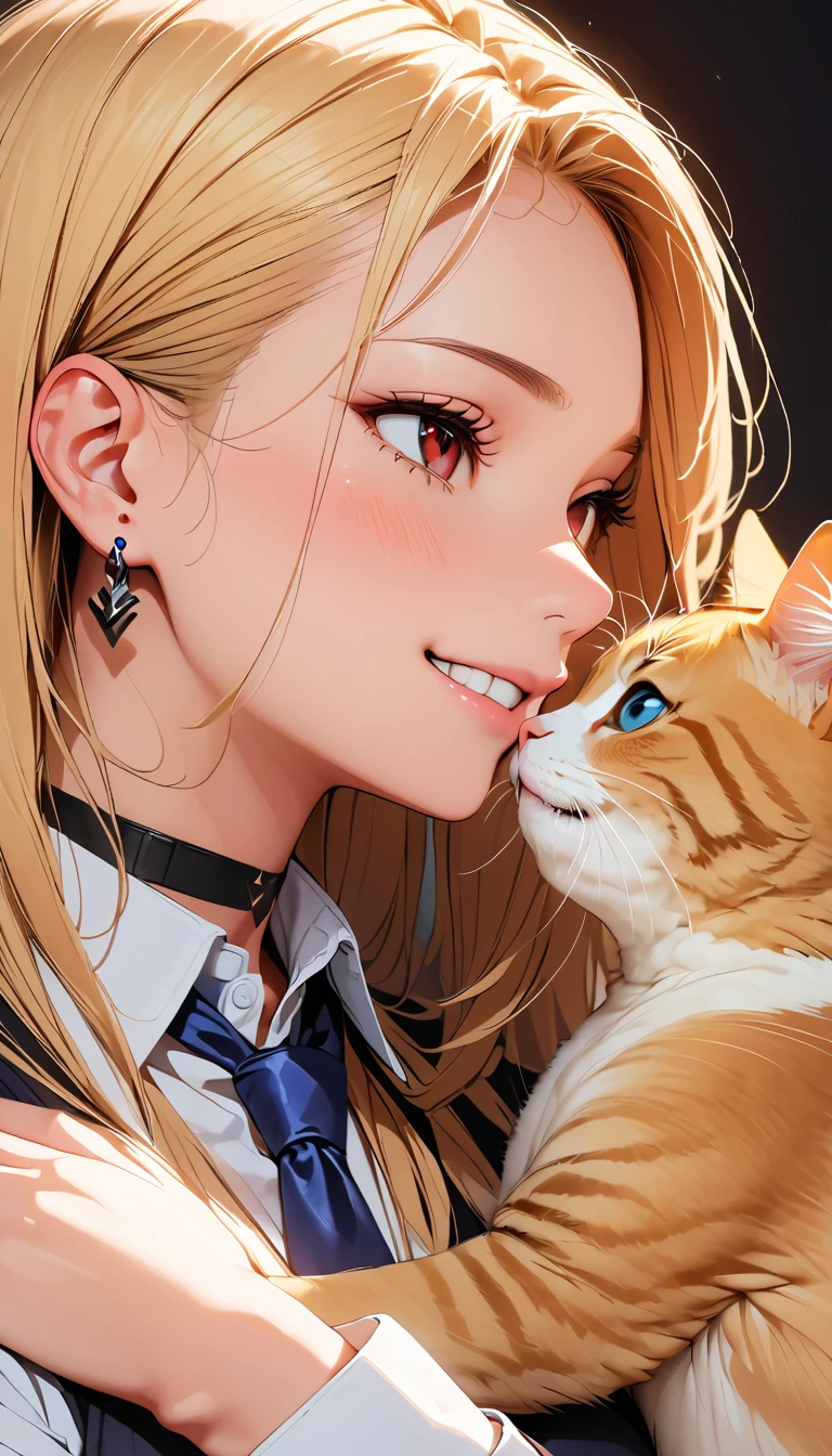 (Highest quality:1.2, Very detailed, Attention to detail, digital coloring, High Contrast, masterpiece:1.2, Highest quality, Best aesthetics), ((1 person)), blonde, Straight Long Hair, Red eyes, Earrings, Black choker, Collared shirt, Blue tie, smile, blush, Facing the cat, profile,Face Up Shot, Face to face with cats:1.2, Focus on profile.,Realistic skin texture