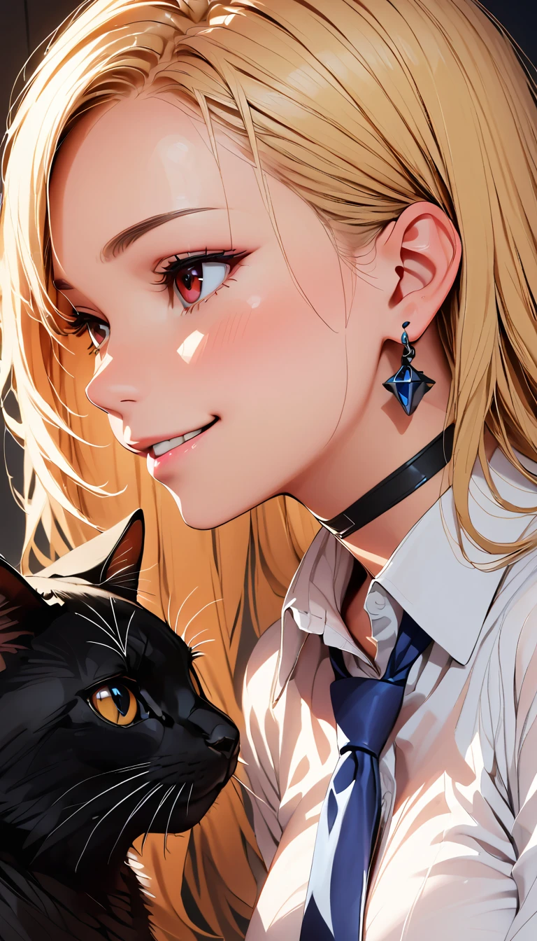 (Highest quality:1.2, Very detailed, Attention to detail, digital coloring, High Contrast, masterpiece:1.2, Highest quality, Best aesthetics), ((1 person)), blonde, Straight Long Hair, Red eyes, Earrings, Black choker, Collared shirt, Blue tie, smile, blush, Facing the cat, profile,Face Up Shot, Face to face with cats:1.2, Focus on profile.,Realistic skin texture