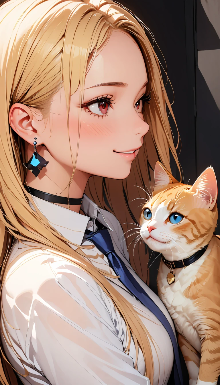 (Highest quality:1.2, Very detailed, Attention to detail, digital coloring, High Contrast, masterpiece:1.2, Highest quality, Best aesthetics), ((1 person)), blonde, Straight Long Hair, Red eyes, Earrings, Black choker, Collared shirt, Blue tie, smile, blush, Facing the cat, profile,Face Up Shot, Face to face with cats:1.2, Focus on profile.,Realistic skin texture