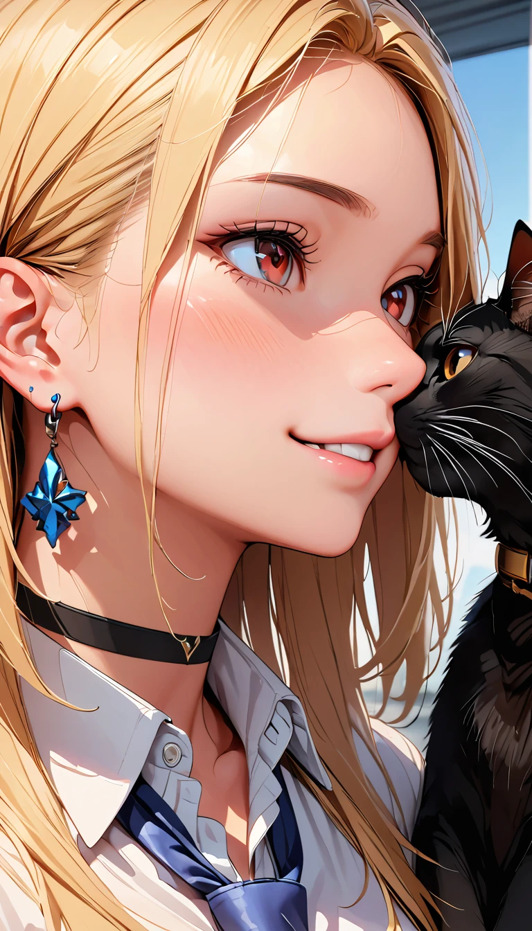 (Highest quality:1.2, Very detailed, Attention to detail, digital coloring, High Contrast, masterpiece:1.2, Highest quality, Best aesthetics), ((1 person)), blonde, Straight Long Hair, Red eyes, Earrings, Black choker, Collared shirt, Blue tie, smile, blush, Facing the cat, profile,Face Up Shot, Face to face with cats:1.2, Focus on profile.,Realistic skin texture