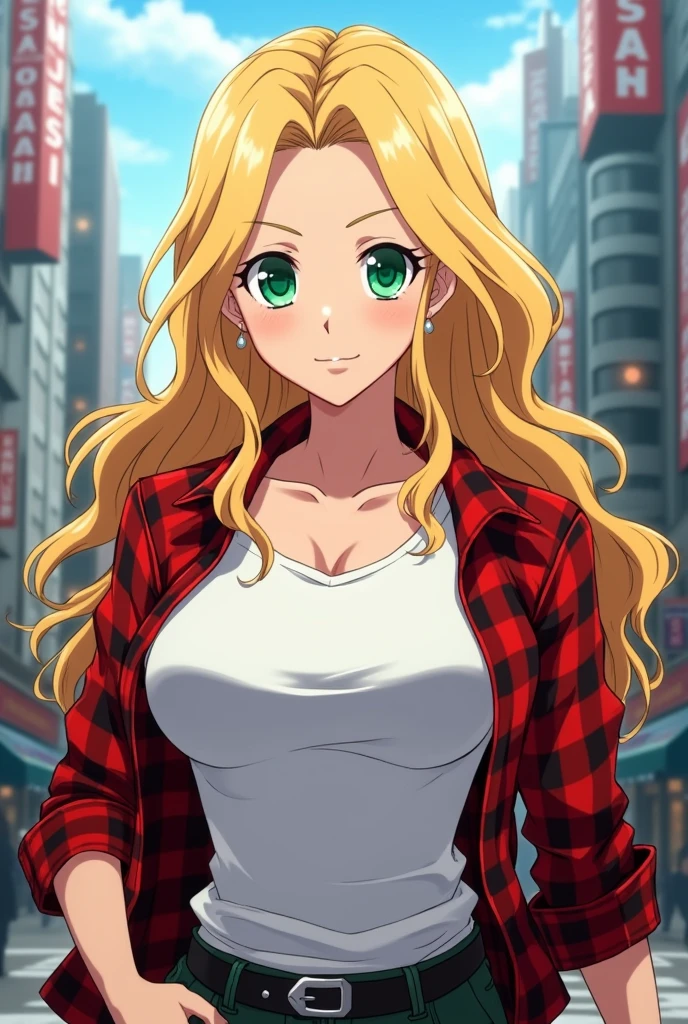 Create an adult woman in anime style my hero academia. long wavy blonde hair look, Jade eyes, clear skin. CLOTHES: white t-shirt and red plaid jacket.