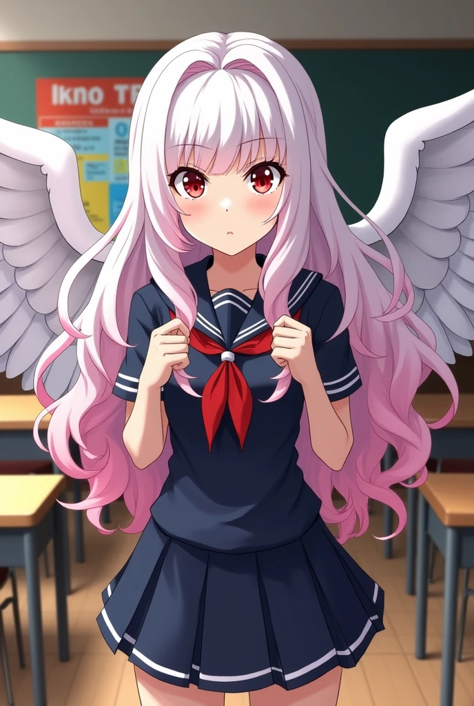 My hero academia screenshot of a girl with long curly white hair with pink tips and blood red eyes wearing the My hero academia uniform. Her quirk is two white wings. She is in class pensive.