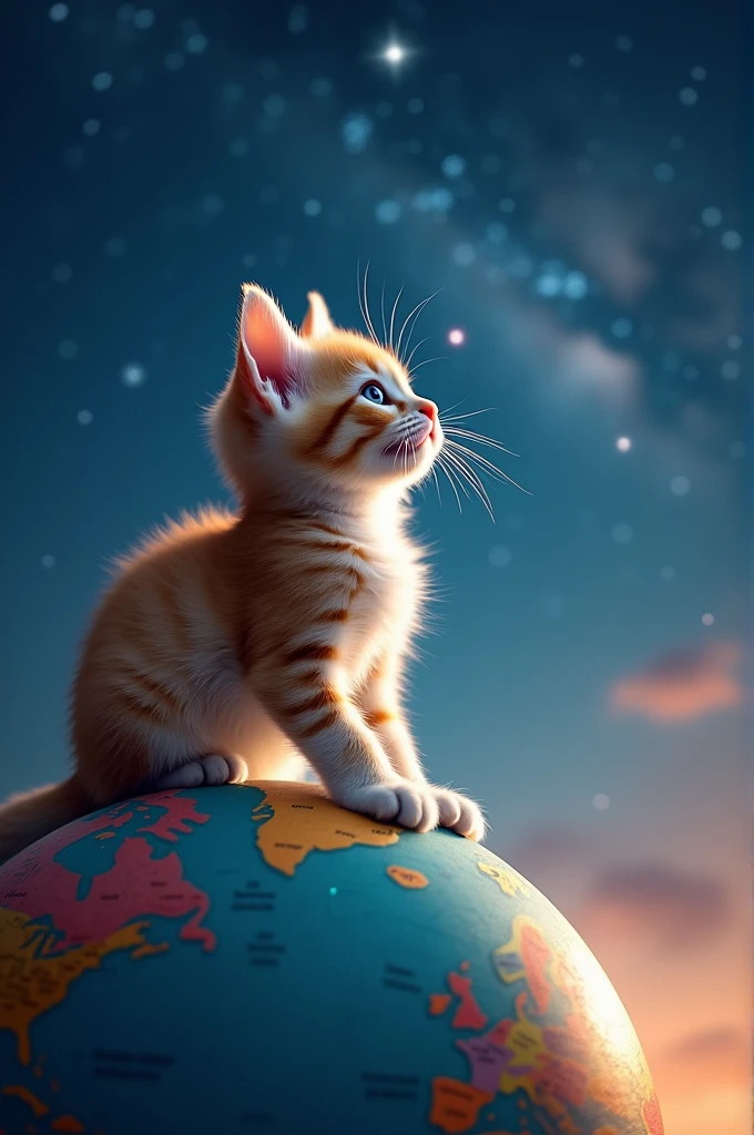 There is a small kitten on the round globe,Back view,Looking up and gazing at the sky