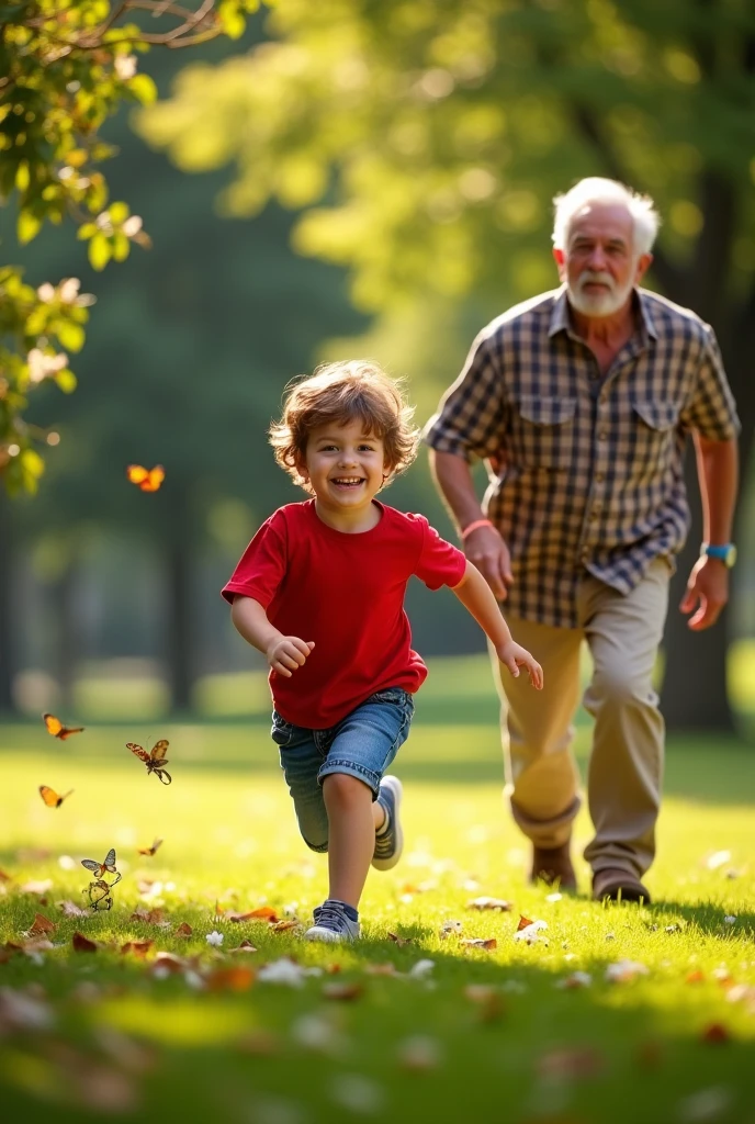 The grandson runs and the grandfather chases him